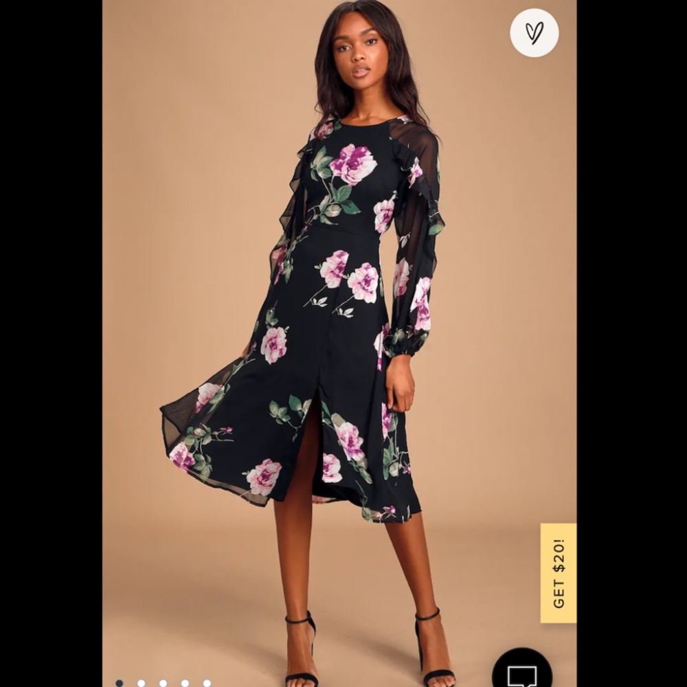 Lulu’s Once & Flor All Black Floral Print Long Sleeve Midi Dress